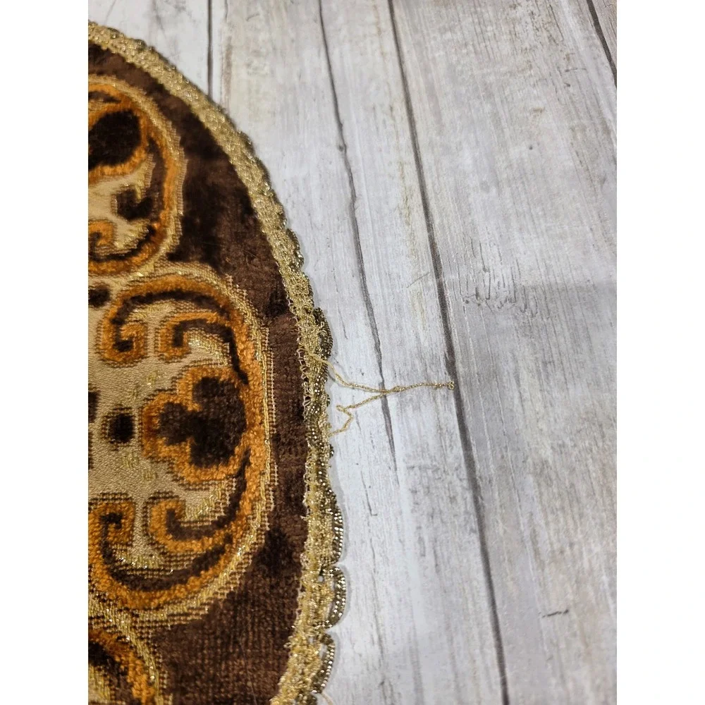 Vintage Brown Gold Velvet Baroque Scroll Table Runner Lace Trim 18.5x12.5 READ